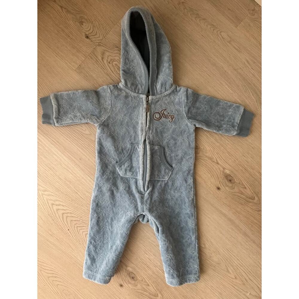 Juicy Couture 3-6 Months Y2K Baby Blue Quilted Velour Hooded Coversuit Onesie